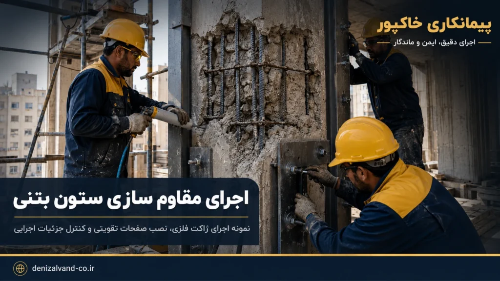 اجرای مقاوم سازی ستون بتنی با ژاکت فلزی و صفحات تقویتی