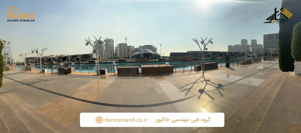 نمای لنداسکیپ جنوبی بازار بزرگ ایران در مجاورت آبنمای موزیکال