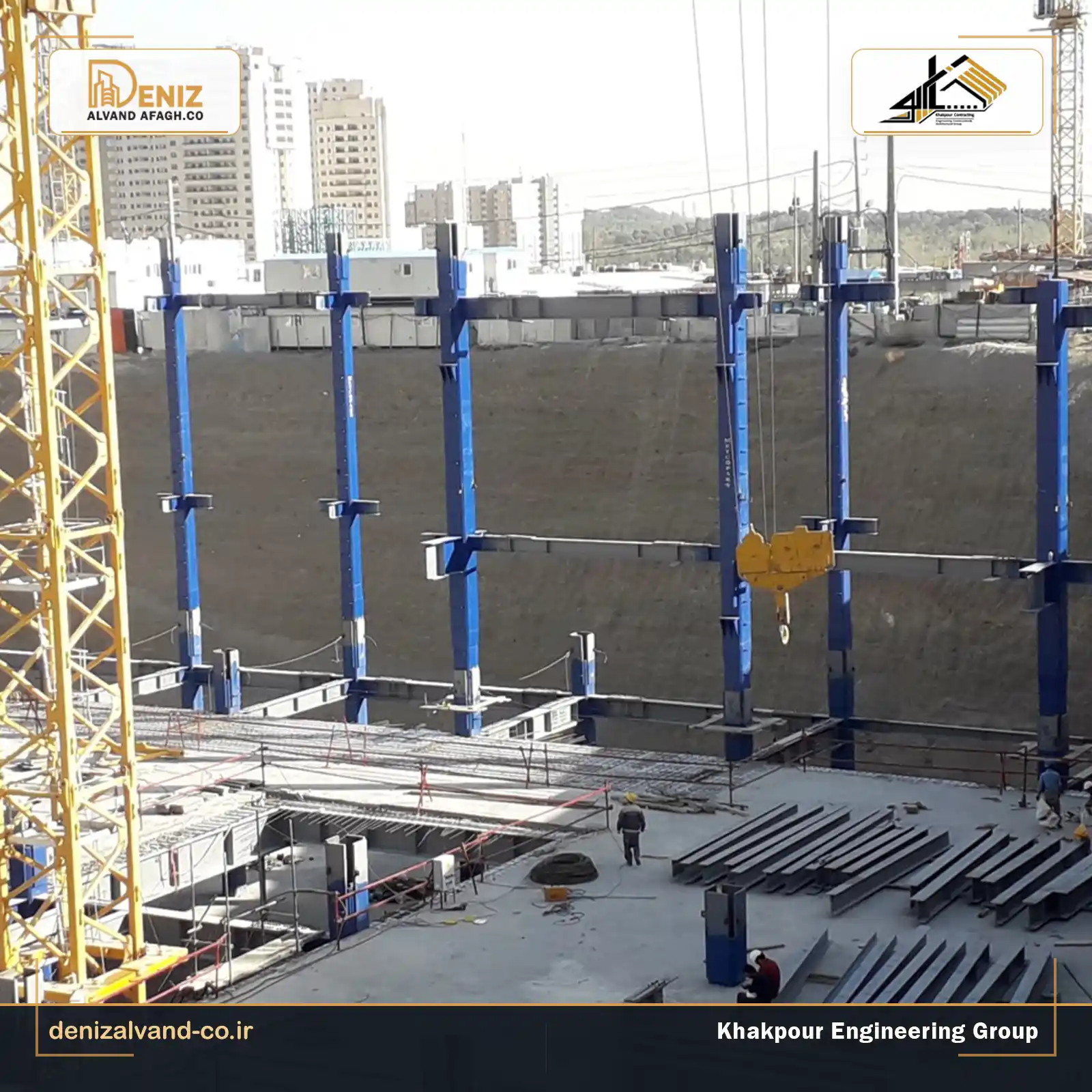 Steel frame erection with tower cranes at the Iran Mall treatment plant