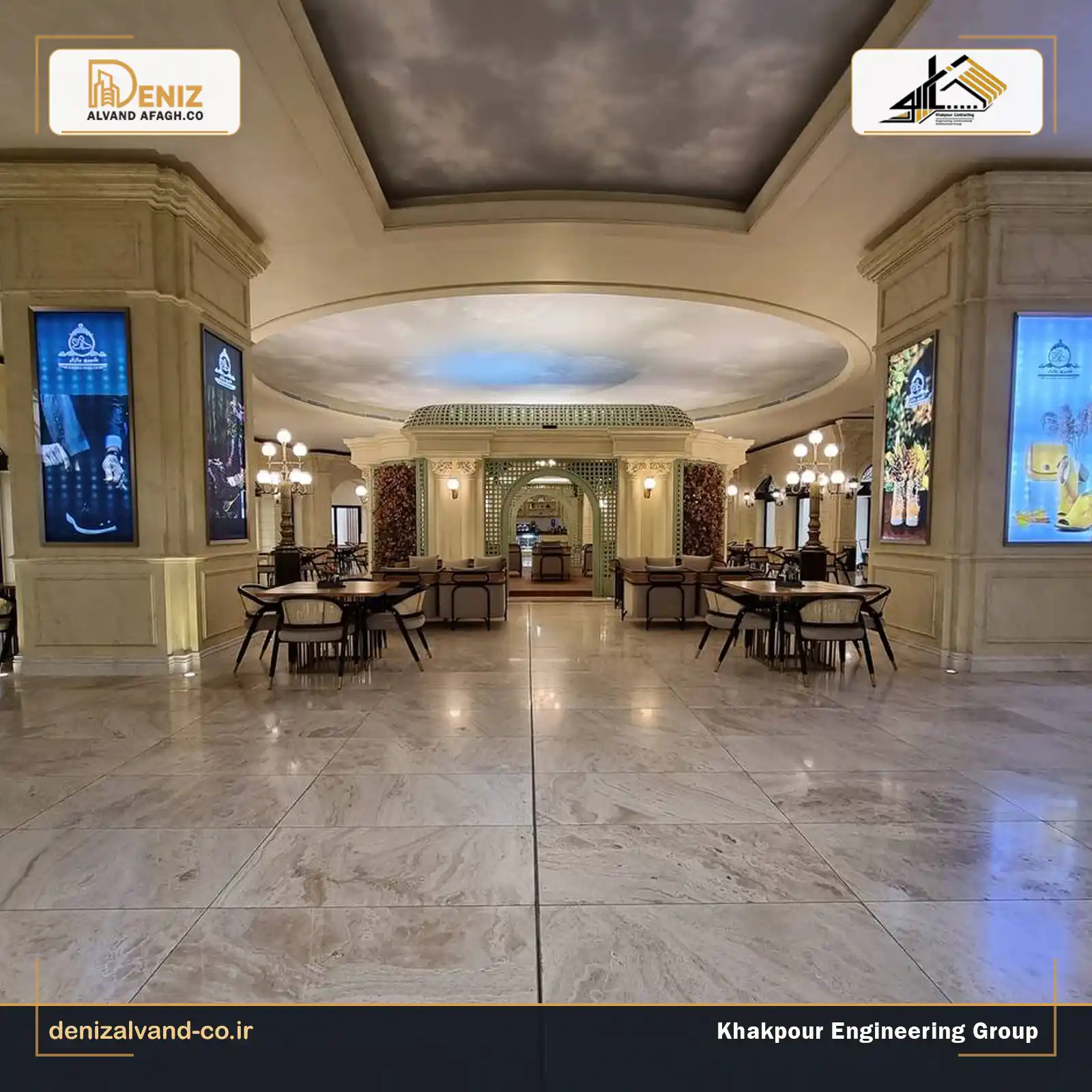 Stone base columns and decorative lighting at Shabro Cafe