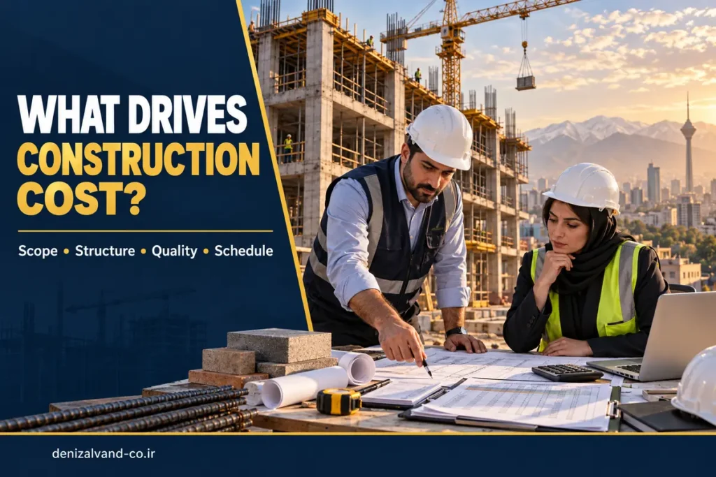 Engineers reviewing plans and project requirements before selecting a building contractor in Tehran