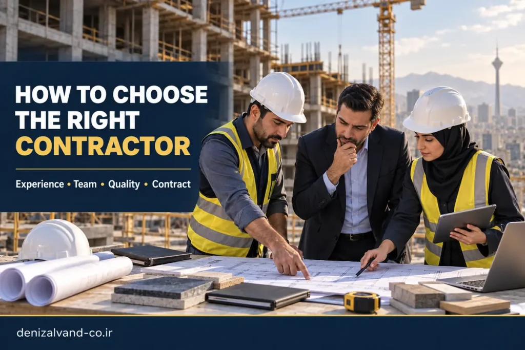Construction engineers reviewing a cost estimate and building plans for a Tehran project