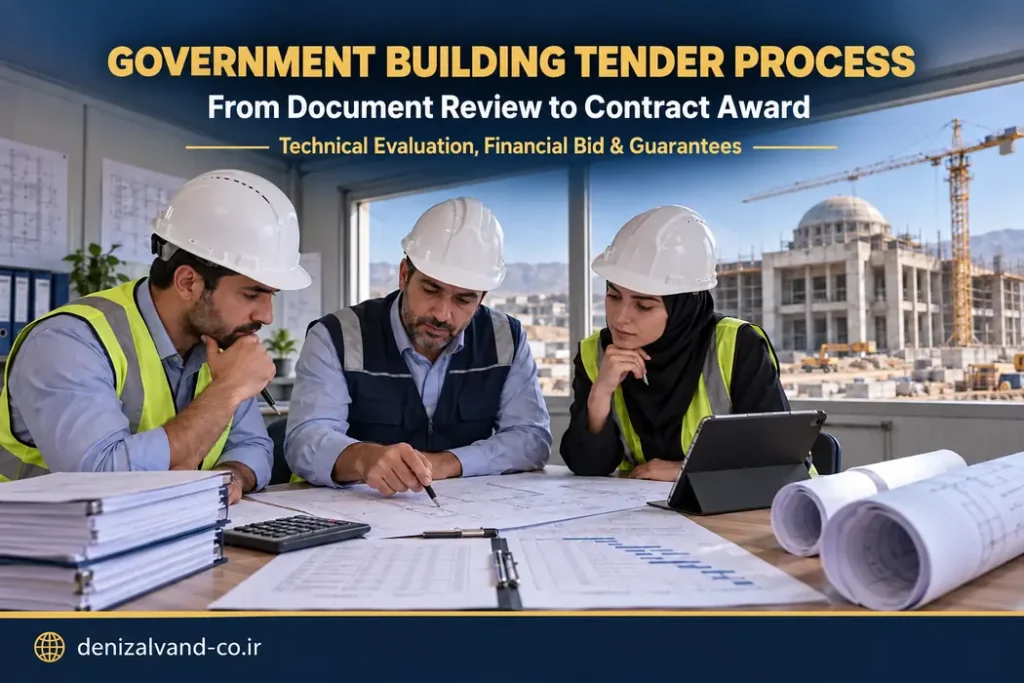 Government building tender process including document review, technical evaluation, financial bid and contract award