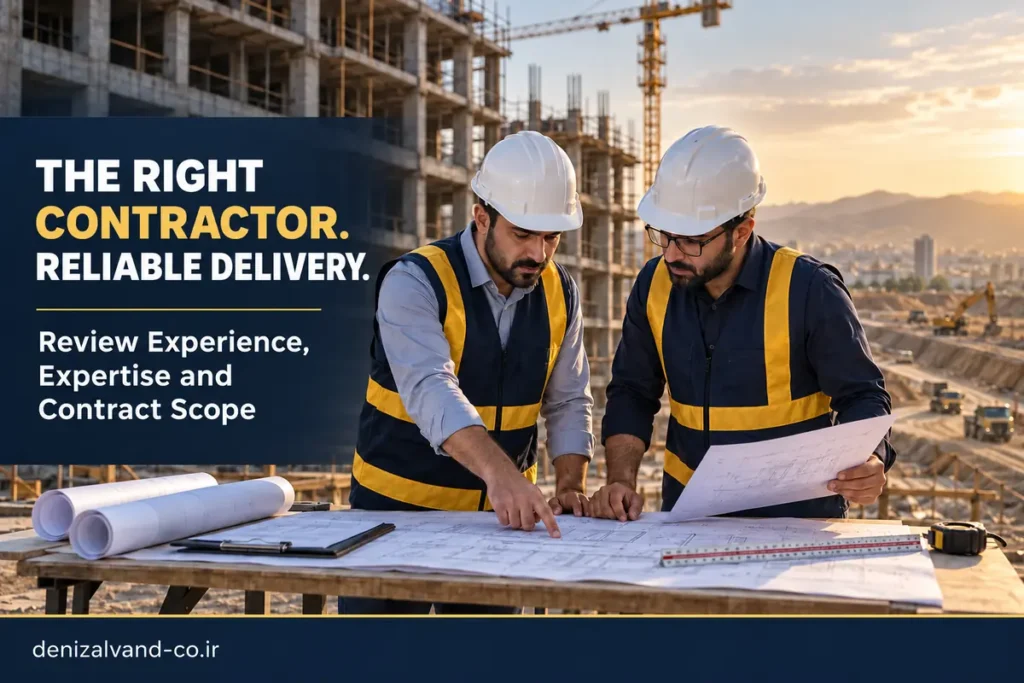 Engineers reviewing construction plans before selecting a building or civil contractor